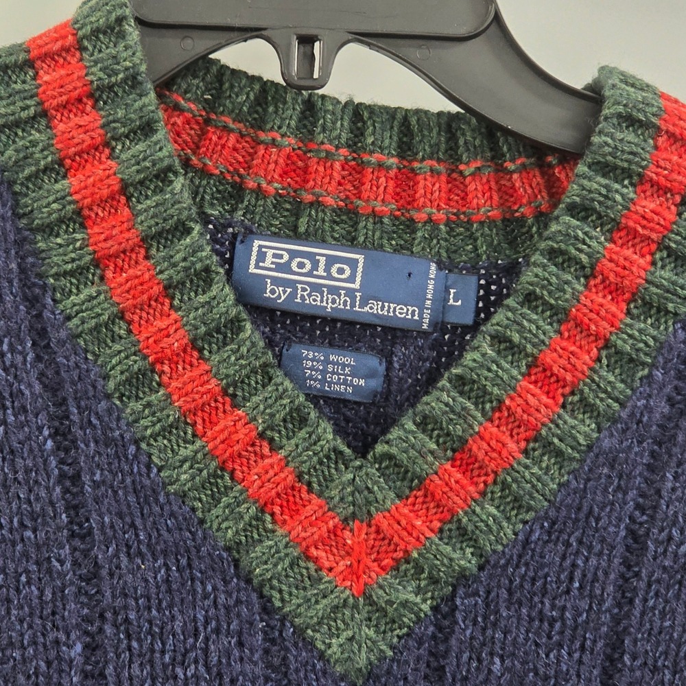 Vintage Polo Ralph Lauren Large Wool Silk Blend V-Neck Sweater Navy Green Red